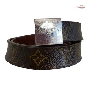 Authentic Louis Vuitton Brown Monogram Canvas Ceinture Silver Buckle Belt 90/36